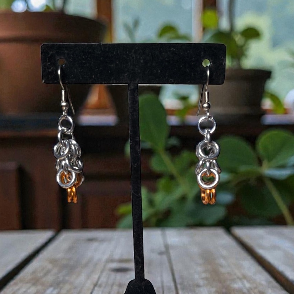 Aluminum Chainmail Silver with Orange tip Earrings